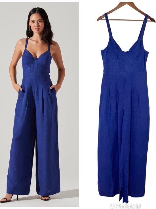 Astr Pants - ASTR the Label Caspar Blue Wide Leg Jumpsuit Medium Linen Blend Corset Summer